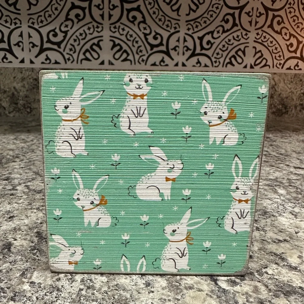 Easter, Spring Decor Wooden Block, Rustic Rabbits, Cube